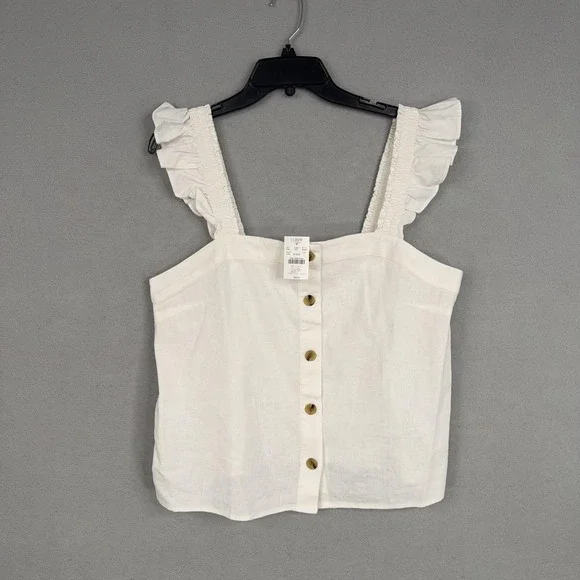 J Crew Shirt Womens Large White Linen Blend Ruffle Strap Button Front Tank - Picture 4 of 13